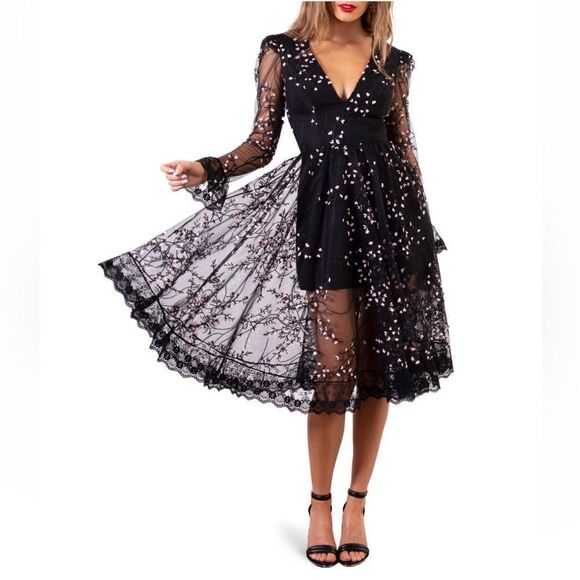 HELSI Ella Embroidered Long Sleeve Deep V-Neck Midi Dress, Black, XL, 12/14, NWT - Picture 11 of 17